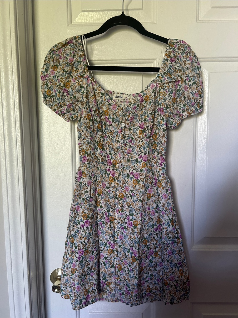Elodie Floral Mini Dress in White with Pink and Mustard Flowers
